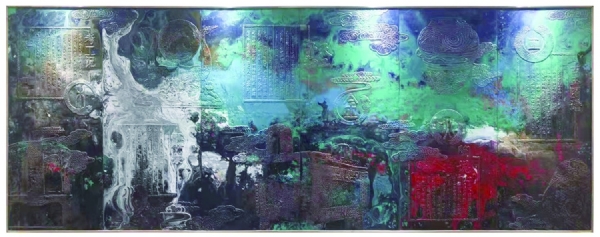 《中國(guó)工藝美術(shù)協(xié)會(huì)前廳壁畫(huà)》作者： 伊峻慷、吳守峰   材質(zhì)：青銅  藝術(shù)著色  尺寸：3.7x1.42m  安放：北京 